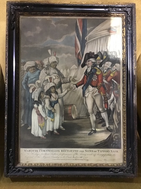 Marquis Cornwallis receiving the sons of Tippoo Saib. East Indies 1792. 18th century hand coloured