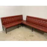 Two faux leather button back benches. Each bench: W:183cm x D:57cm x H:90cm