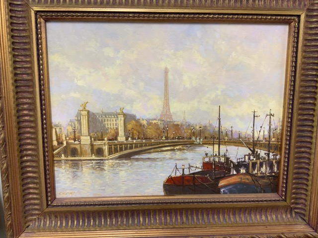 Oil on canvas 'house boats on the Seine' with Eiffel Tower in the distance by Crisp W:39cm x D: - Image 2 of 3