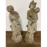 Two concrete garden statues, one of a washer woman and another with child W:25cm x D:25cm x H:63cm