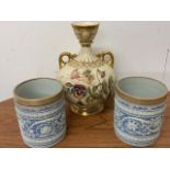 Two silver rimmed Wedgwood mugs and a Royal Worcester vase (all A.F) W:10cm x D:10cm x H:12cm W:15cm