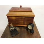 A wooden jewellery casket together with an Oriental desk ornament and w mantle clock.