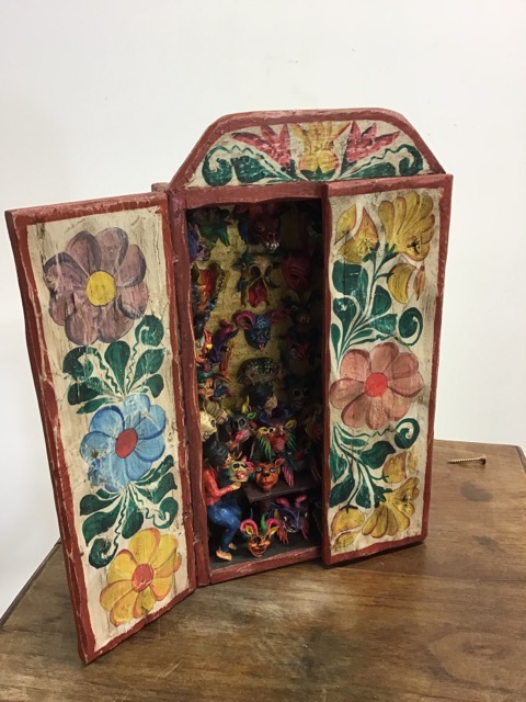 A South American painted plaster sculpture in a painted wooden box of The Mask Seller of the Dead. - Image 2 of 3