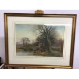 Henry Charles FOX RBA(c1860-1929) Watercolour. 'Cattle watering' 37cm x 56cm. In gilt glazed frame.