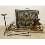 Fire related items, Brass fender , fire guards, bellows, irons and a candle stand