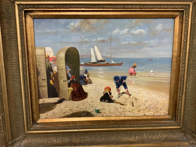 Oil on board of a seaside scene in ornate gilt frame W:39cm x D:cm x H:29cm