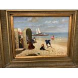 Oil on board of a seaside scene in ornate gilt frame W:39cm x D:cm x H:29cm