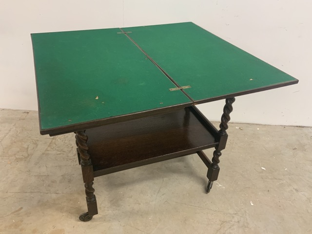 An oak swivel top card table with barley twist legs and lower shelf W:78cm x D:43cm x H:75cm - Image 2 of 4