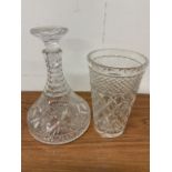A cut glass ships decanter and a vase W:19cm x D:19cm x H:27cm