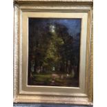 Continental school. Oil on canvas of a forest road in a gilt frame. 44cm x 34cm