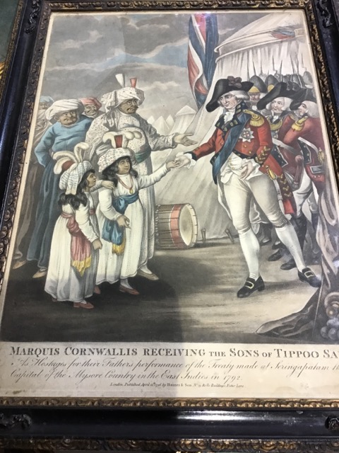 Marquis Cornwallis receiving the sons of Tippoo Saib. East Indies 1792. 18th century hand coloured - Image 2 of 2