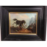 19th century German School. Oil on metal panel. A battle scene. In ebonised style frame. Framed: