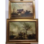 English School. Oil on Canvas. A pair of cattle scenes in gilt frames. Image: 45cm x 66cm Framed: