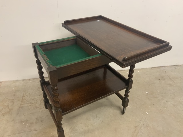 An oak swivel top card table with barley twist legs and lower shelf W:78cm x D:43cm x H:75cm - Image 3 of 4