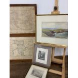 A Cornish watercolour by W.E Croxford two etchings and a pair of framed maps. Watercolour W:32cm x