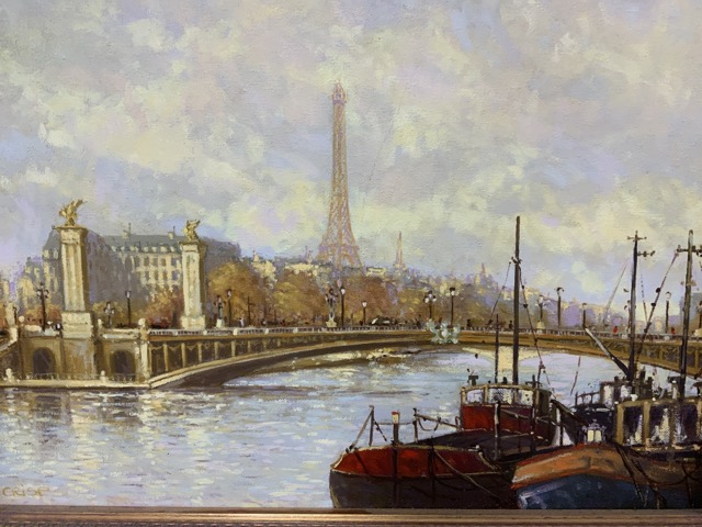 Oil on canvas 'house boats on the Seine' with Eiffel Tower in the distance by Crisp W:39cm x D: