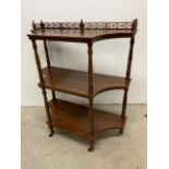 Three tier mahogany whatnot with gallery, turned supports and castors W:87cm x D:38cm x H:98cm