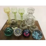 A collection of glass ware to include brass topped inkwells decanter etc.