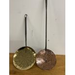 Antique copper and brass skimmers. W:16cm x D:cm x H:60cm W:48cm x D:cm x H:20cm