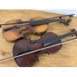 Two violins with bows. W:22cm x D:5cm x H:59cm