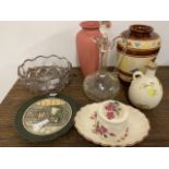 Vases, decanter, glass bowl and a Royal Doulton plate