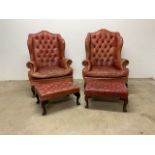 Two Chesterfield armchairs in Oxblood with matching footstools. W:75cm x D:63cm x H:177cm (both)