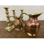 Brass and copper items, three candlesticks with two jugs W:5cm x D:5cm x H:20cm W:16cm x D:19cm x