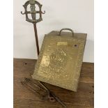 A Brass coal box with irons etc W:30cm x D:39cm x H:35cm
