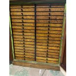 An collectors/specimen cabinet. Thirty six birds eye maple fronted mahogany veneered drawers housing