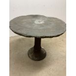 A slate topped circular garden table on metal base. W:77cm x D:77cm x H:62cm