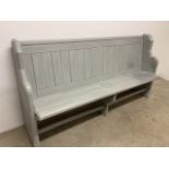 A painted pine pew W:175cm x D:48cm x H:92cm