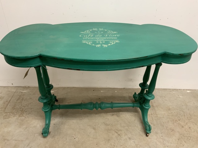 A painted Victorian side table with turned legs, stretcher bar. Stencil detail â€œcafe de floreâ€