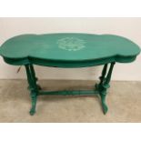 A painted Victorian side table with turned legs, stretcher bar. Stencil detail â€œcafe de floreâ€