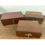 Three wooden boxes including a mahogany jewellery box W:29cm x D:20cm x H:11cm