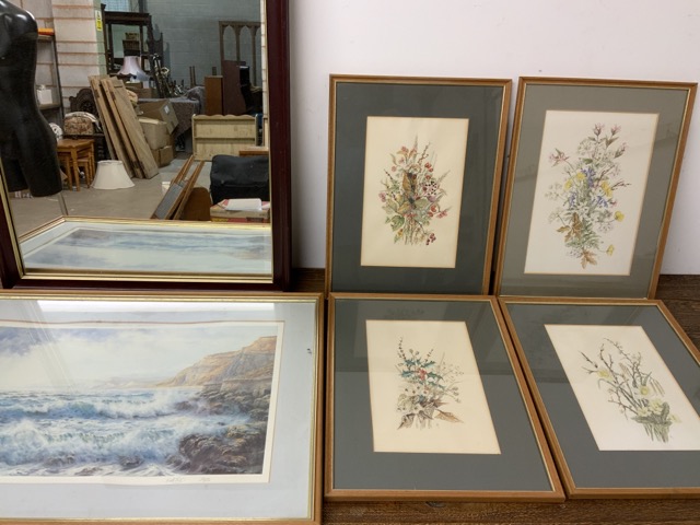 Four original botanical studies together with a Keith Cast print â€œfrom west bayâ€ and a mirror.