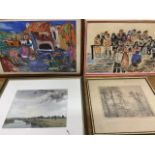Two original pastel drawings by S.king a John Harte watercolour and a black and white by Hilding.