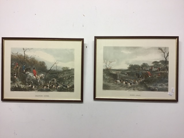 Two framed etching prints of hunt scenes. W:52cm x D:cm x H:40cm