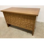 A carved oak blanket box W:92cm x D:43cm x H:55cm