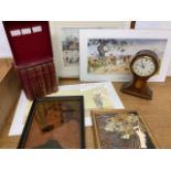 Miscellaneous items, Sturgeon prints, majolica tile, reproduction mantle clock and a painting on