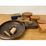 Various treen boxes also a leather case and a metal savings box.