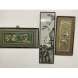 Three Oriental silk and needlework pictures W:77cm x D:cm x H:37cm W:27cm x D:cm x H:92cm W:33cm x