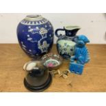 Oriental interest, a large blue and white ginger jar, oriental jug a blue dog of foe etc
