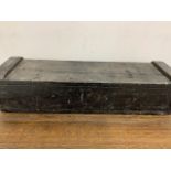 A black painted carpenters tool box W:94cm x D:28cm x H:23cm