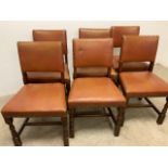 Set of six oak dining chairs, leather with studwork. W:48cm x D:40cm x H:80cm