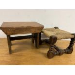 An oak milking stool and a rattan stool.