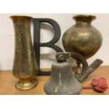 A brass bell and other metal ware. W:12cm x D:12cm x H:12cm