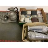 Pewter tea set on tray, hip flasks etc