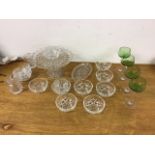 A collection of clear cut glass together with hock green glasses