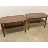 A pair of Formica topped tables with shelf. W:100cm x D:60cm x H:61cm