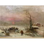 Oil on canvas, â€œfeedings the cowsâ€ snow scene, unsigned. W:62cm x D:cm x H:45cm